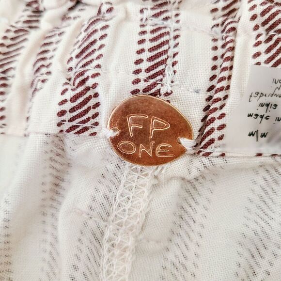 FP One Free People Harriet Short M Red Cream Striped Paperbag Belted Pocket Boho - Picture 6 of 13